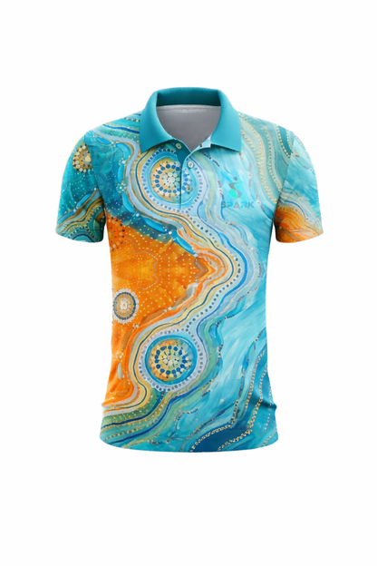 Turquoise & Orange Aboriginal Wave Art Sublimation Polo Shirt