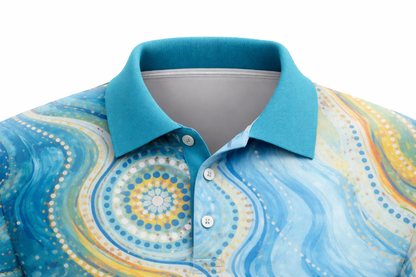 Turquoise & Orange Aboriginal Wave Art Sublimation Polo Shirt