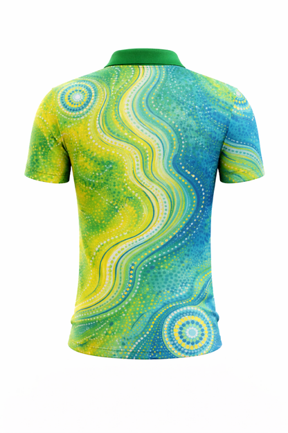 Green & Blue Aboriginal Swirl Art Sublimation Polo Shirt