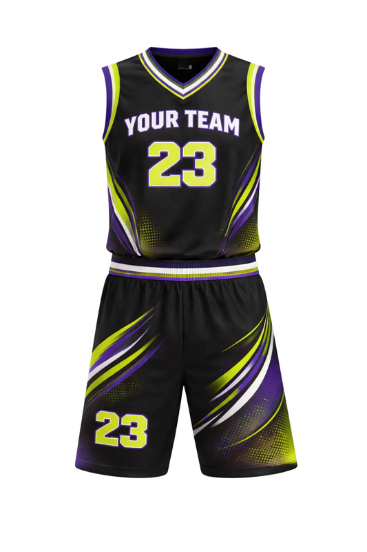 Custom Black Purple Lime Green Basketball Uniform