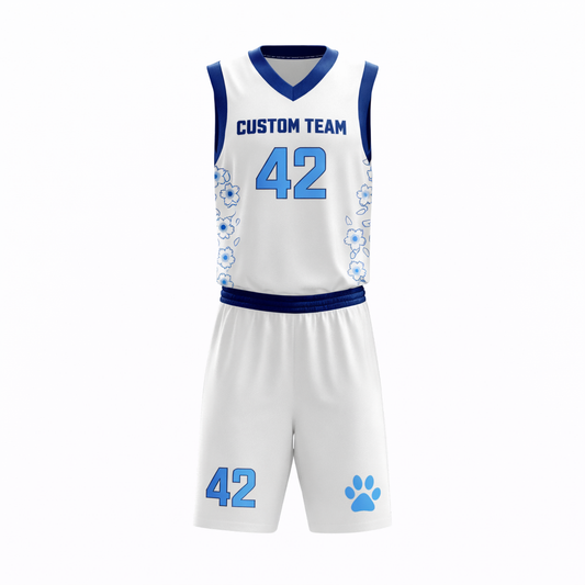 Custom White and Light Blue Floral Basketball Jersey Set