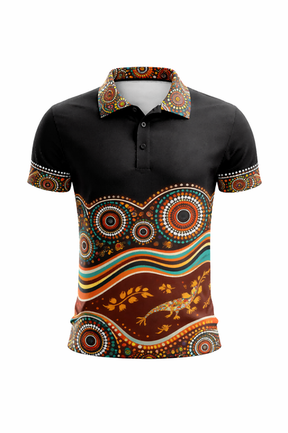 Aboriginal Lizard & Wave Art Sublimation Polo Shirt
