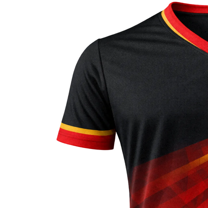 Customizable Black Red Gold Striped Soccer Jersey - Team Soccer Set
