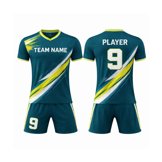 Customizable Teal Yellow White Brushstroke Soccer Jersey - Team Soccer Set